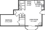 A floor plan of a small apartment with a bedroom, living room, dining room, and kitchen.